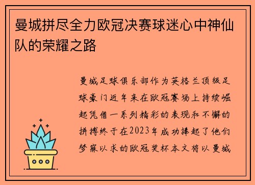 曼城拼尽全力欧冠决赛球迷心中神仙队的荣耀之路