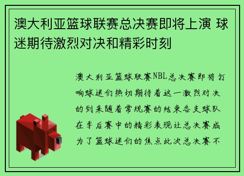 澳大利亚篮球联赛总决赛即将上演 球迷期待激烈对决和精彩时刻