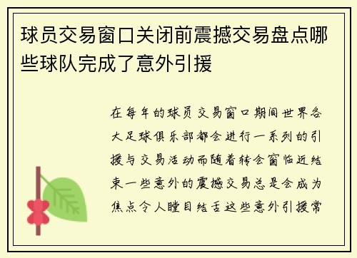 球员交易窗口关闭前震撼交易盘点哪些球队完成了意外引援