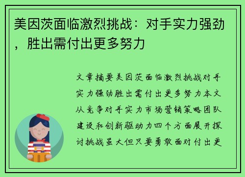 美因茨面临激烈挑战：对手实力强劲，胜出需付出更多努力