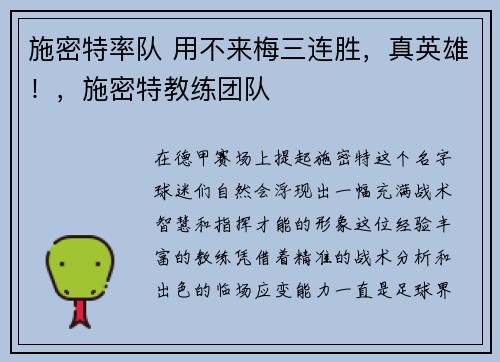 施密特率队 用不来梅三连胜，真英雄！，施密特教练团队