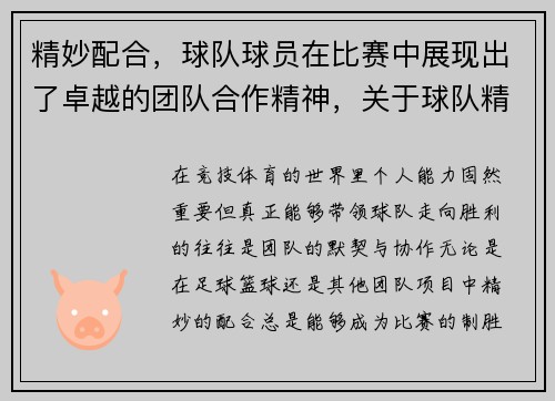 精妙配合，球队球员在比赛中展现出了卓越的团队合作精神，关于球队精神的说说