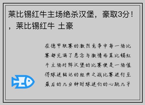 莱比锡红牛主场绝杀汉堡，豪取3分！，莱比锡红牛 土豪