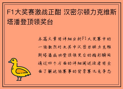 F1大奖赛激战正酣 汉密尔顿力克维斯塔潘登顶领奖台