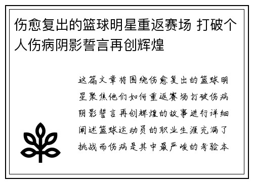 伤愈复出的篮球明星重返赛场 打破个人伤病阴影誓言再创辉煌