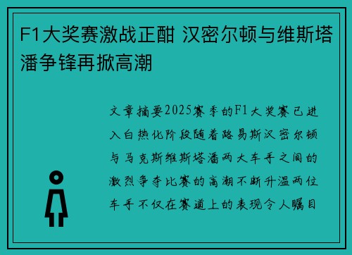F1大奖赛激战正酣 汉密尔顿与维斯塔潘争锋再掀高潮