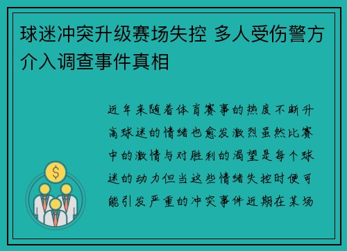 球迷冲突升级赛场失控 多人受伤警方介入调查事件真相
